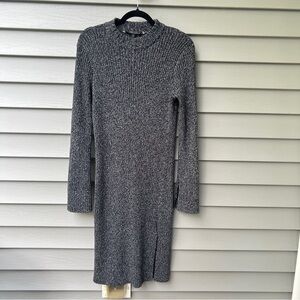 BCBGMaxazria Ribbed Sweater Midi Dress M Charcoal Mock Neck Side & Sleeve Slits